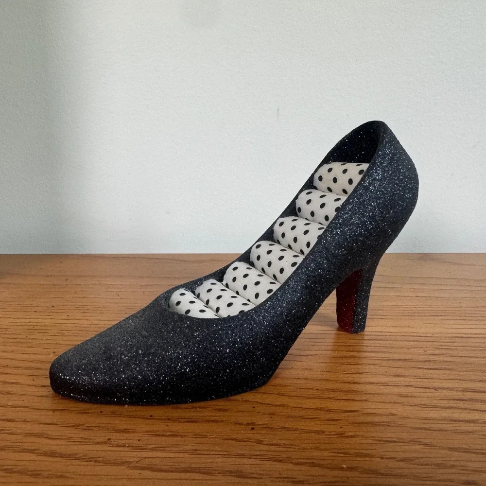 Vintage‎ Y2K Black Glitter High Heel Shoe Ring Holder Jewelry Display Red Bottom